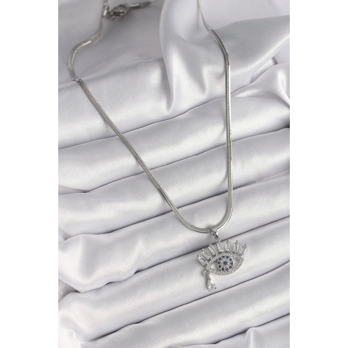 316L Çelik Gümüş Renk İtalyan Zincir Zirkon Taşlı Göz Model Kadın Kolye