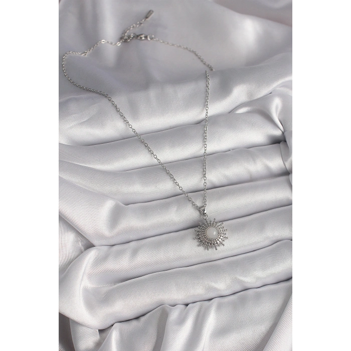 316L Çelik Gümüş Renk Zincir Beyaz Mineli Güneş Model Kadın Kolye