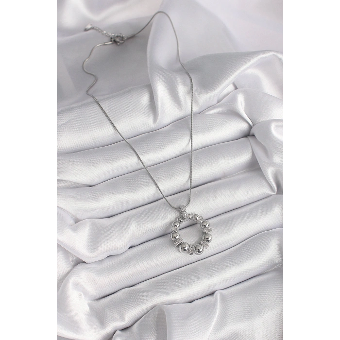 316L Çelik Gümüş Renk Zincir Zirkon Taş Detaylı Bombeli Halka Model Kadın Kolye