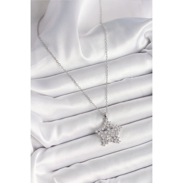 316L Çelik Gümüş Renk Zincir Zirkon Taşlı Kar Tanesi Model Kadın Kolye