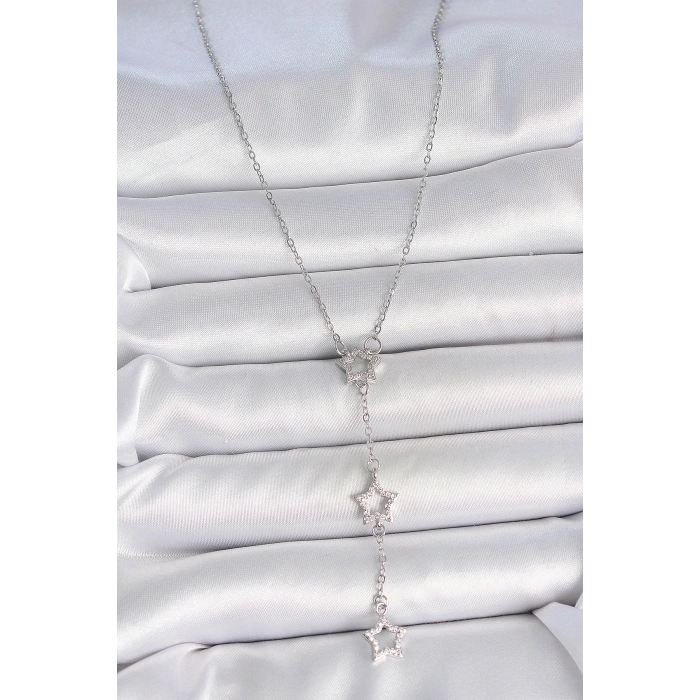316L Çelik Gümüş Renk Zincir Zirkon Taşlı Yıldız Y Model Kadın Kolye
