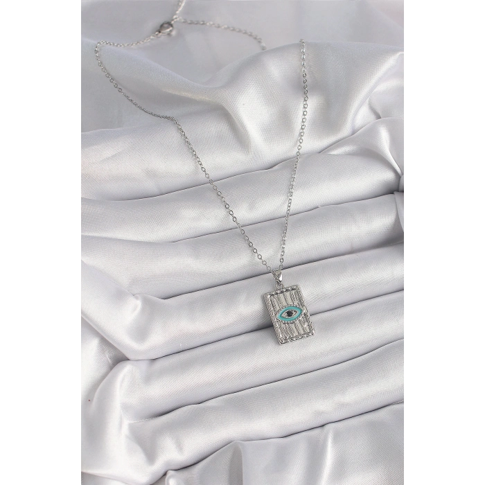 316L Çelik Gümüş Renk Zirkon Taşlı Göz İşleme Detaylı Plaka Model Kadın Kolye