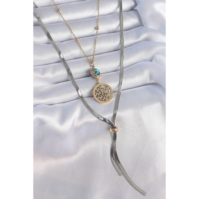 316L Çelik Mix Renk Filiz Figür Nazar Boncuk Detay Uzun Kadın Kolye