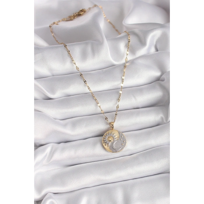 316L Çelik Mix Renk Zincir Zirkon Taşlı Gün Doğumu/Batımı Madalyon Model Kadın Kolye