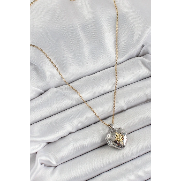 316L Çelik Zincir Açılabilir Kutup Yıldızı Figürlü Kalp Model Zirkon Taşlı Gold Ve Gümüş Renk Kadın Kolye