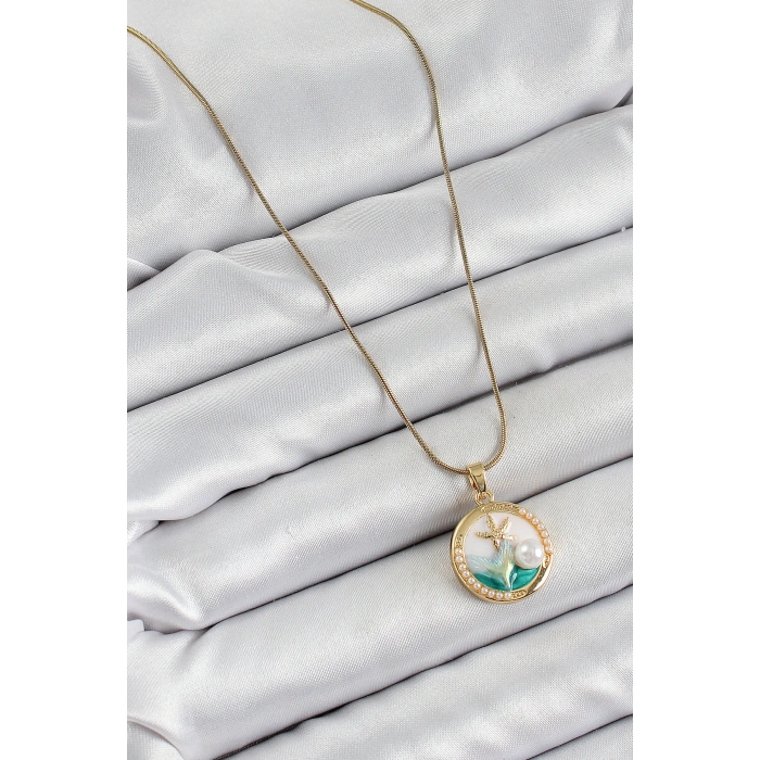 316L Çelik Zincir Beyaz Mineli Sanatsal Portre İnci Detaylı Deniz Yılıdızı Model Gold Renk Kadın Kolye