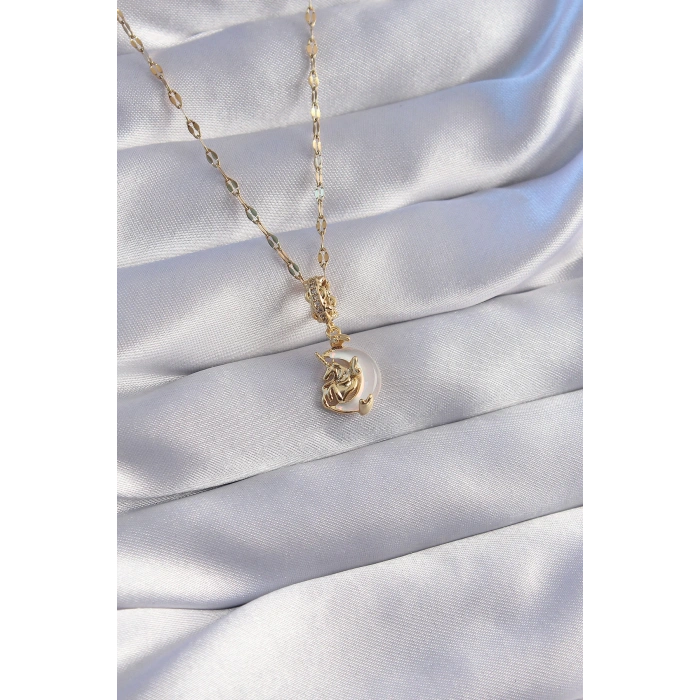 316L Çelik Zincir Gold Renk Zirkon Taşlı Sedefli Ay Figürlü Kolye
