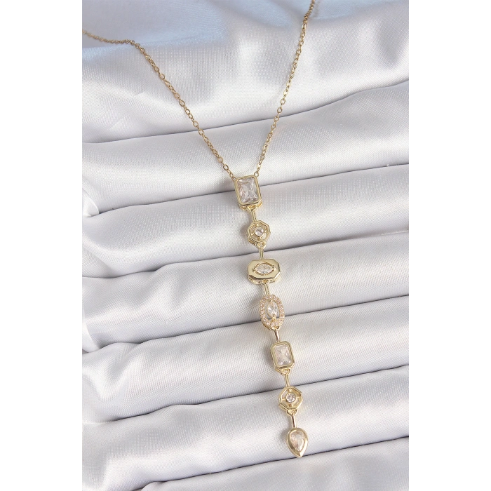 316L Çelik Zincir Gold Renk Zirkon Taşlı Y Kolye