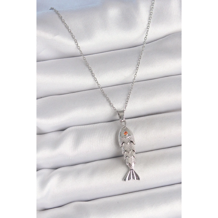 316L Çelik Zincir Gümüş Renk Zirkon Taşlı Balık Figürlü Kolye