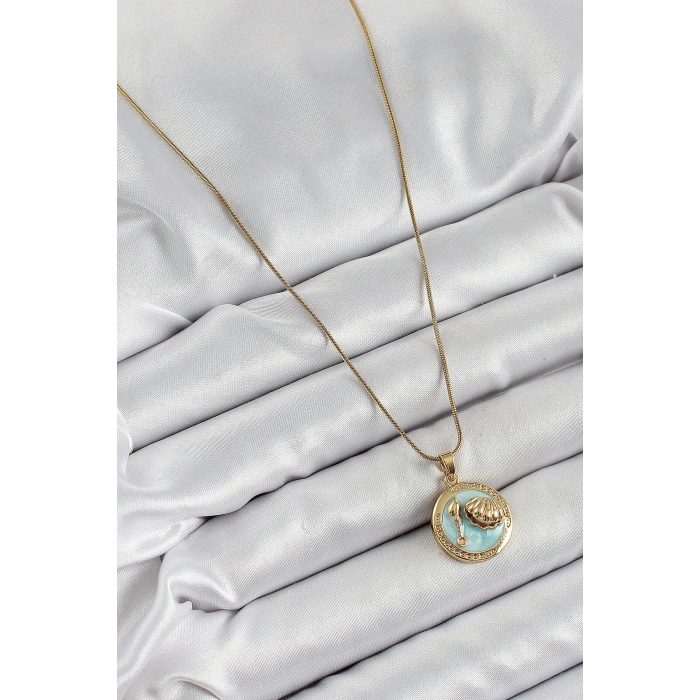 316L Çelik Zincir Turkuaz Mineli Sanatsal Portre İstiridye Model Gold Renk Kadın Kolye