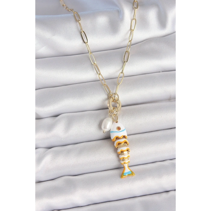 İnci Detaylı Zirkon Taşlı Beyaz Balık Figürlü Gold Renk Pirinç Kolye