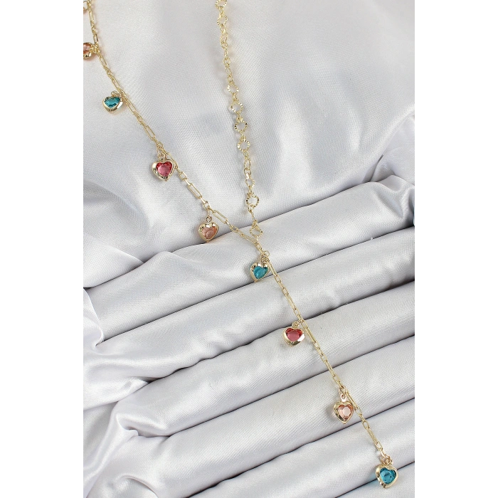 Pirinç Asorti Kalp Model Gold Renk Zirkon Taşlı Y Kolye