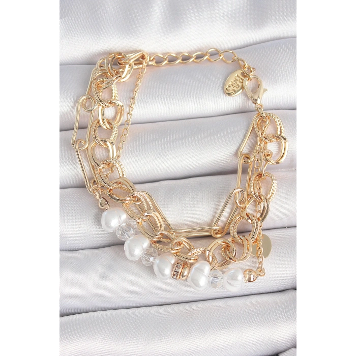 Pirinç Gold Renk Çoklu Zincir Model İncilli Zirkon Taş Detay Kadın Bileklik