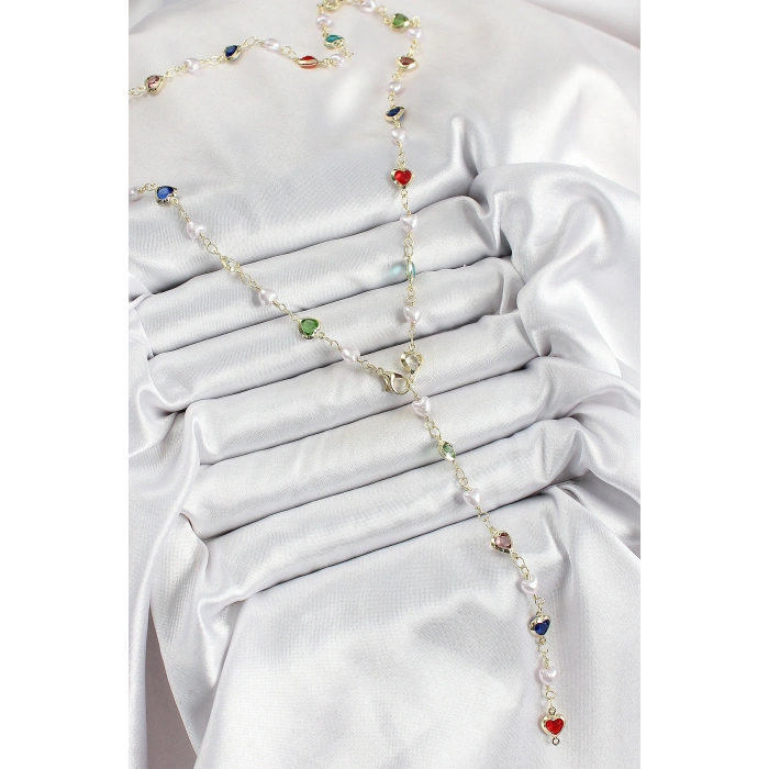 Pirinç Gold Renk İncili Zirkon Taşlı Kalpli Y Kadın Kolye