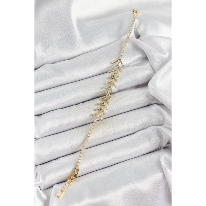 Pirinç Gold Renk Zirkon Taşlı Balık Sırtı Kadın Bileklik