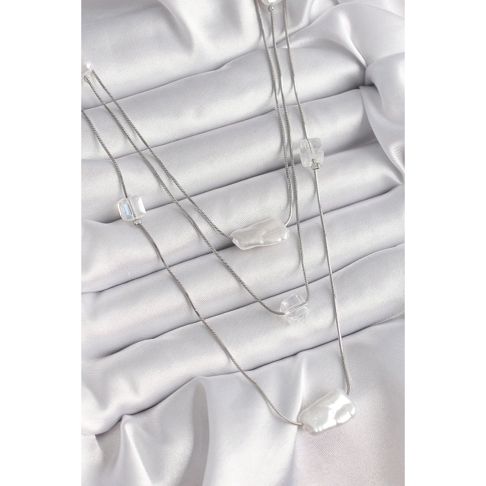 Pirinç Gümüş Renk Ezme İnci Model Çoklu Kadın Kolye