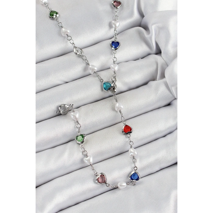 Pirinç Gümüş Renk İncili Zirkon Taşlı Kalpli Y Kadın Kolye