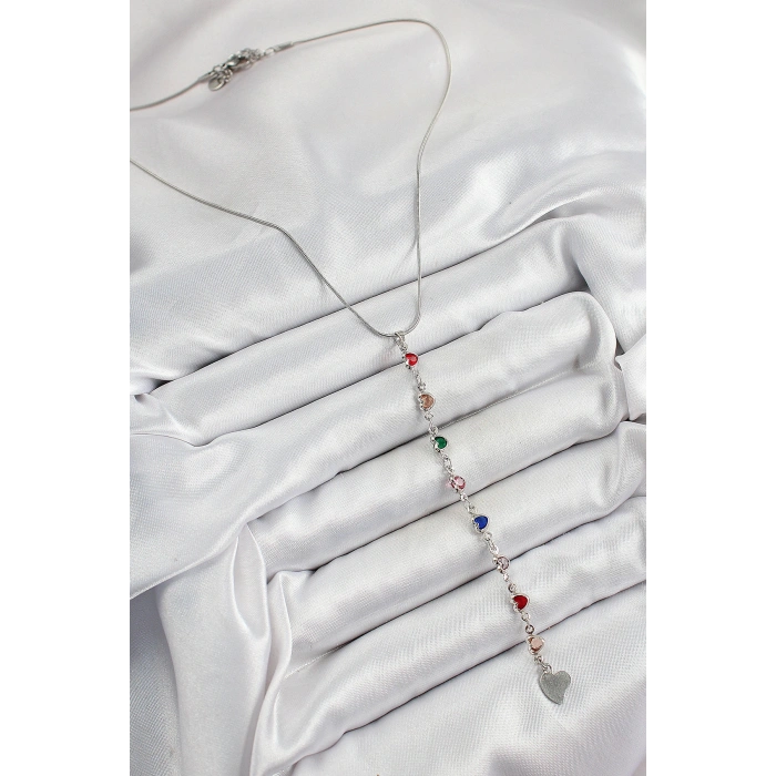 Pirinç Gümüş Renk Karışık Renk Zirkon Taşlı Kalpli Y Kadın Kolye