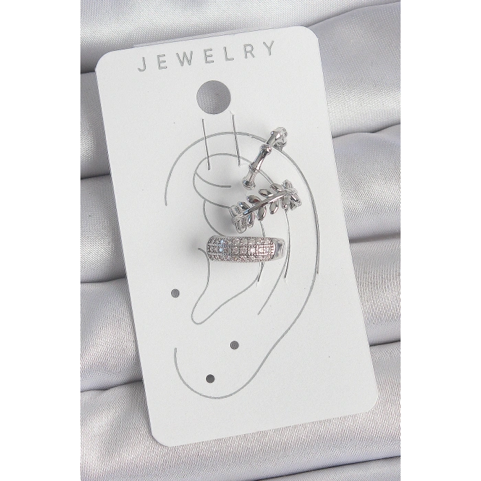 Pirinç Gümüş Renk Zirkon Taşlı 3Lü Model Yaprak Figür Kadın Kıkırdak Küpe