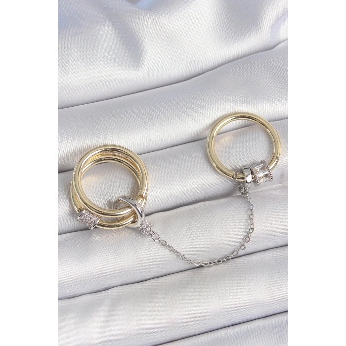 Pirinç Mix Renk Zirkon Taşlı Zincir Kadın Yüzük Seti