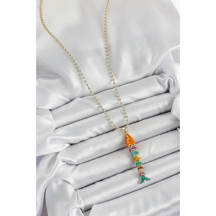 Pirinç Rainbow Balık Model Zirkon Taşlı Gold Renk Kadın Kolye