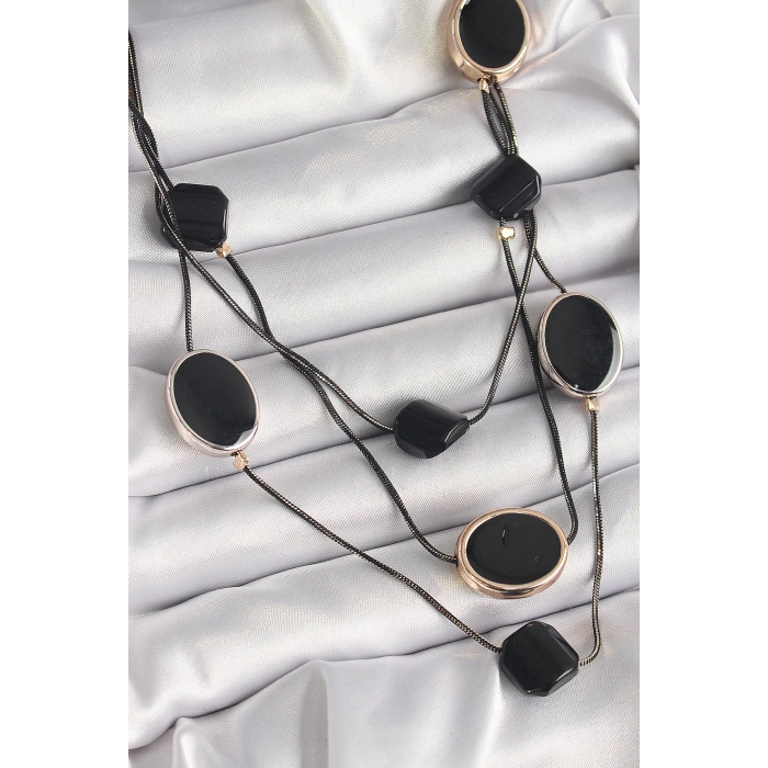 Pirinç Siyah Renk Zincir Kristal Taşlı Kadın Kolye