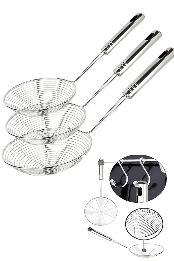 3lü Çelik Kevgir Süzgeç Seti Patates Sebze Yağ Kızartma Kevgiri Tel Kepçe