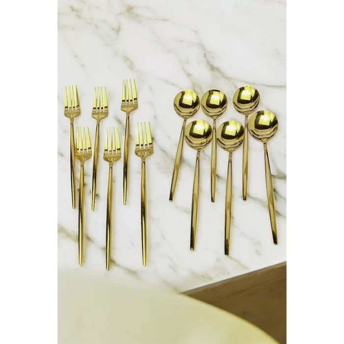 12li Gold Lüx Parlak Yemek Kaşıgı Yemek Çatalı Paslanmaz Çelik Şık Kaşık-Çatal