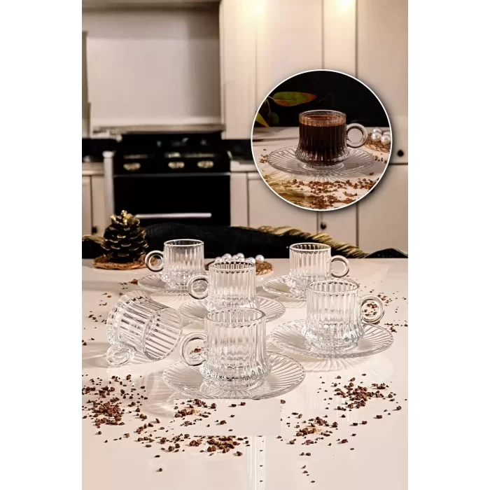 12 Parça Cam Kahve Fincan Seti Origami Çizgili Desenli Fincan Cam Tabaklı Çay Takımı 125cc