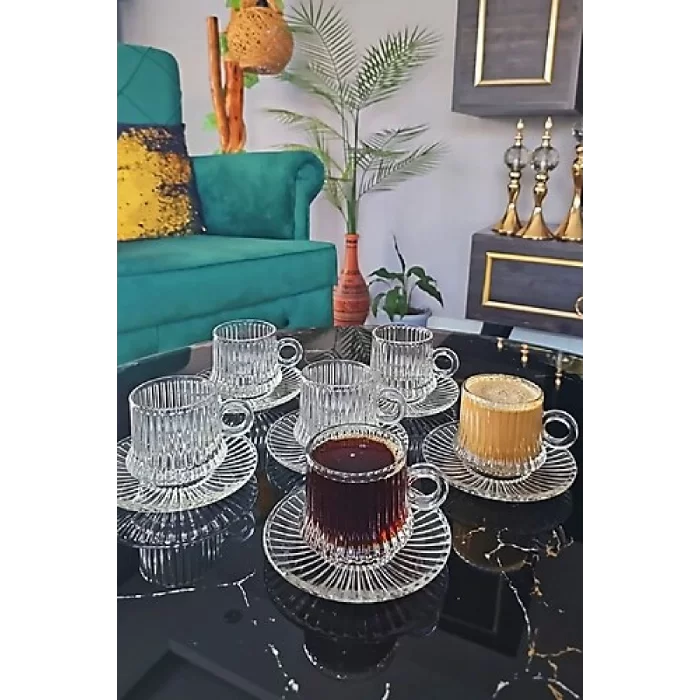 12 Parça Cam Kahve Fincan Seti Origami Çizgili Desenli Fincan Cam Tabaklı Çay Takımı 125cc