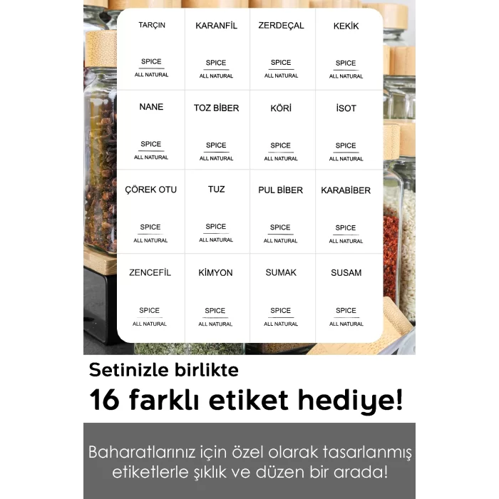 12li Bambu Kapaklı Cam Baharatlık Seti Etiket Hediyeli