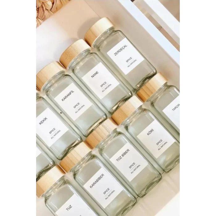 12li Bambu Kapaklı Cam Baharatlık Seti Etiket Hediyeli
