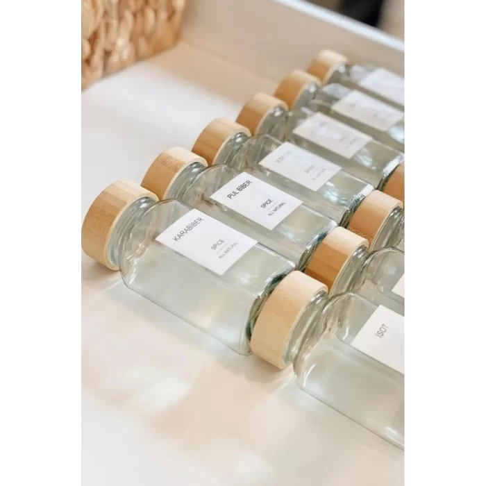 12li Bambu Kapaklı Cam Baharatlık Seti Etiket Hediyeli