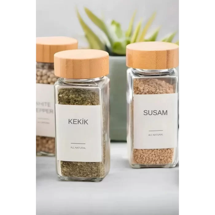 12li Bambu Kapaklı Cam Baharatlık Seti Etiket Hediyeli