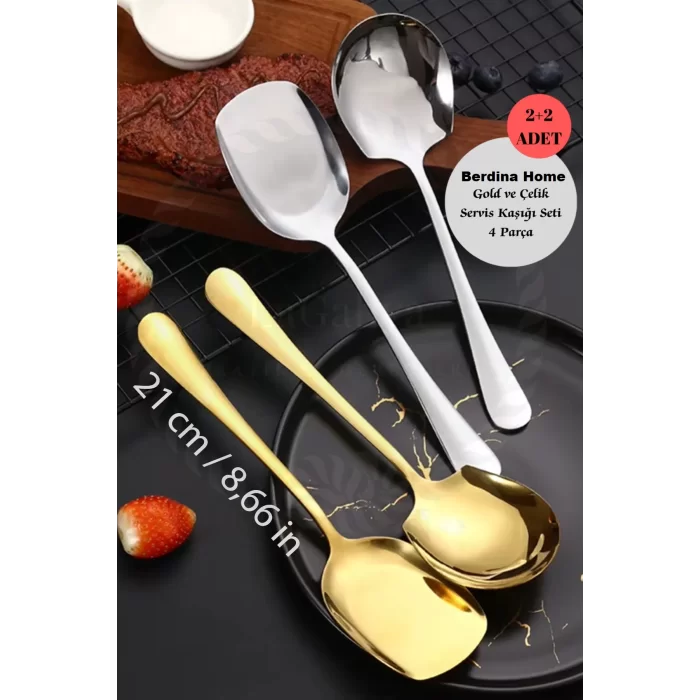 2+2 Gold ve Paslanmaz Çelik Servis Kaşığı Seti Servis Kaşığı Seti Gold ve Gümüş