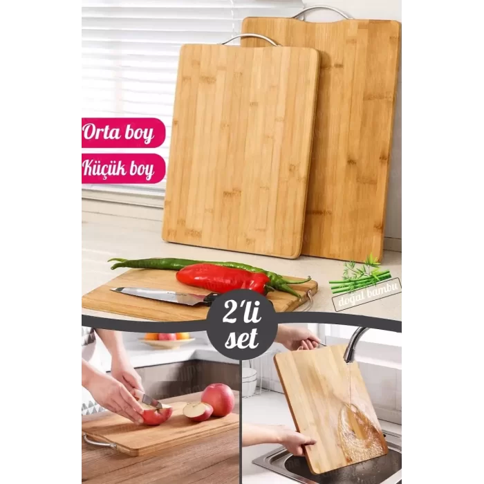 2li Bambu Kesim Panosu Lüx Et Sebze Doğrama Tahtası İki Boy Çelik Saplı