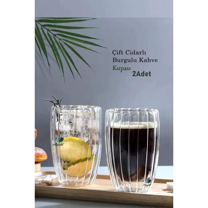 2li Çift Cidarlı 450ml Isıya Dayanıklı Cam Bardak Sıcak Soğuk Burgulu Çay Süt Kahve Kupası Bardağı