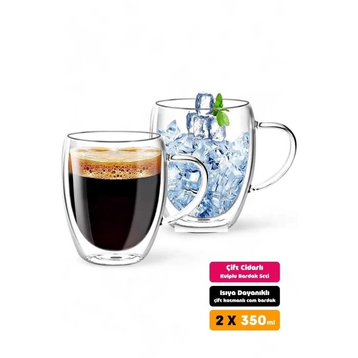 2li Çift Cidarlı Bardak 350ml Isıya Dayanıklı Borosilikat Espresso Sunum Bardağı Kulplu Kahve Kupa