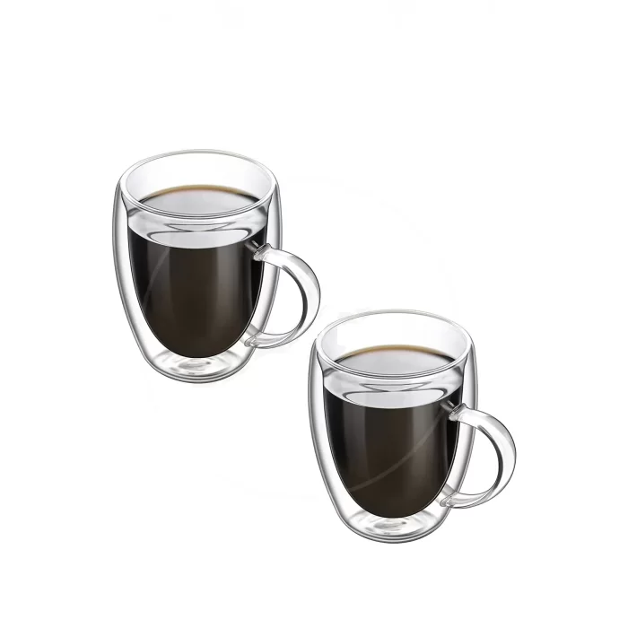 2li Çift Cidarlı Bardak 350ml Isıya Dayanıklı Borosilikat Espresso Sunum Bardağı Kulplu Kahve Kupa