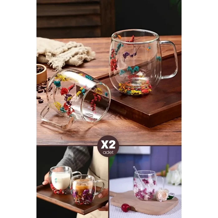 2li Çift Cidarlı Çiçekli Bardak 250ml Kahve Çay Bardağı El Yapımı Kulplu Borosilikat Cam Bardağı