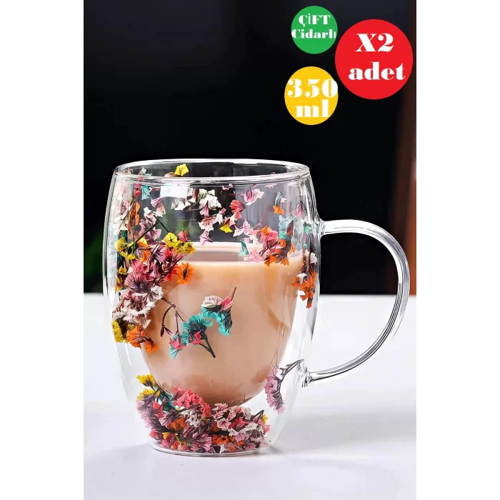 2li Çift Cidarlı Flower Cup 350ml Çiçekli Bardak Kahve Çay Bardağı El Yapımı Kulplu Cam Bardak Set