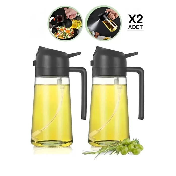 2li Çift Fonksiyonlu Cam Yağdanlık 450ml Zeytinyağı Sıvıyağ Şişesi Airfryer Sprey Yağlık Sirkelik