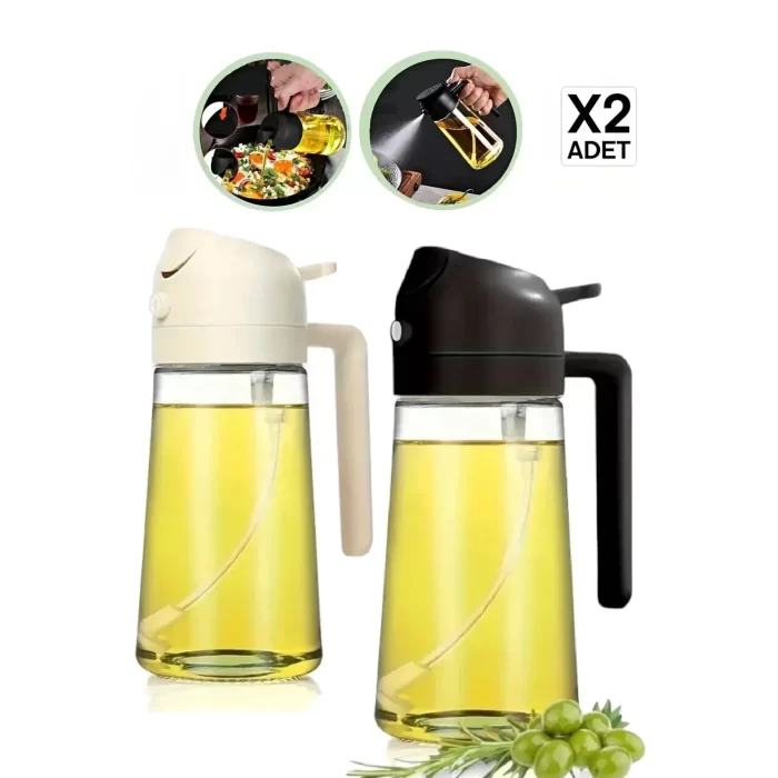 2li Çift Fonksiyonlu Cam Yağdanlık 450ml Zeytinyağı Sıvıyağ Şişesi Airfryer Sprey Yağlık Sirkelik