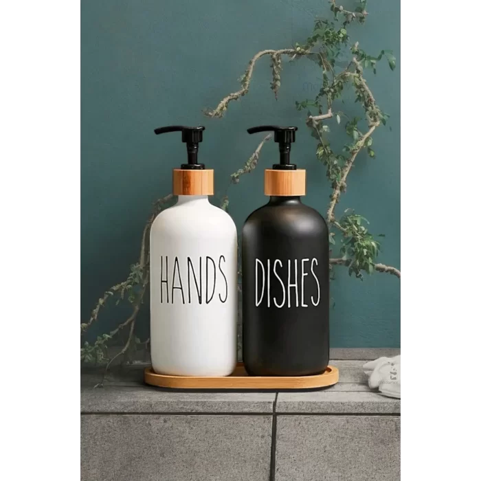 2 li Hands Dishes Siyah Beyaz Dekoratif Mutfak Banyo Sıvı Cam Sabunluk Seti 500ml Bambu Stantlı Set