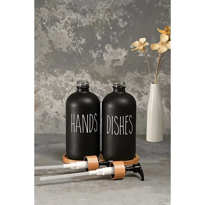 2 li Hands Dishes Siyah Beyaz Dekoratif Mutfak Banyo Sıvı Cam Sabunluk Seti 500ml Bambu Stantlı Set