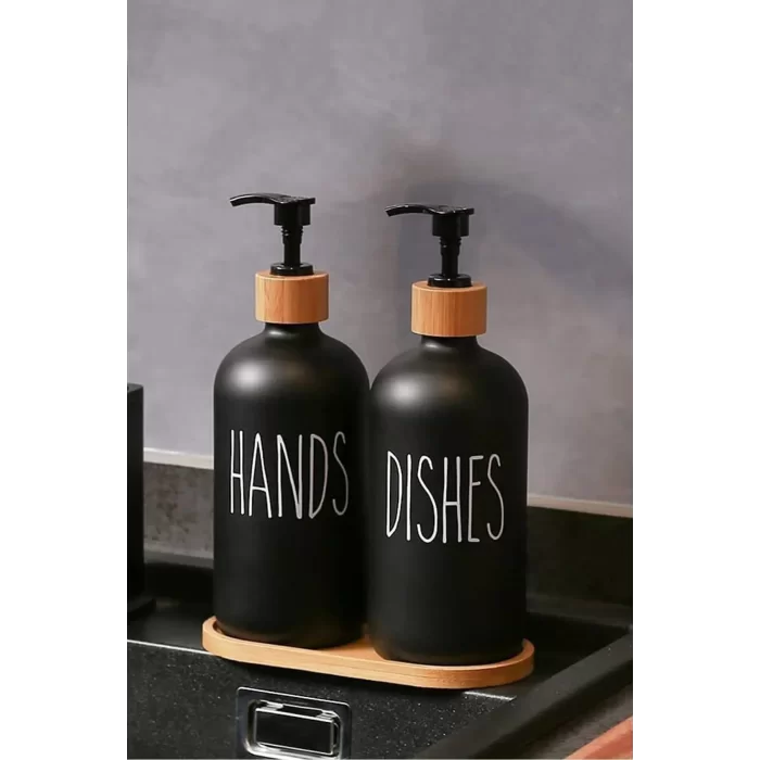 2 li Hands Dishes Siyah Beyaz Dekoratif Mutfak Banyo Sıvı Cam Sabunluk Seti 500ml Bambu Stantlı Set