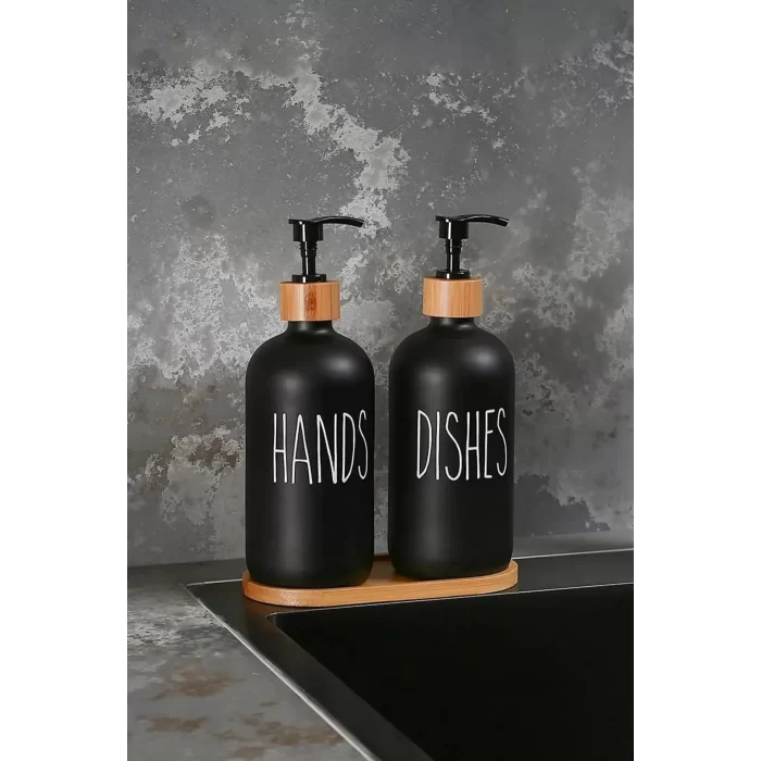 2 li Hands Dishes Siyah Beyaz Dekoratif Mutfak Banyo Sıvı Cam Sabunluk Seti 500ml Bambu Stantlı Set