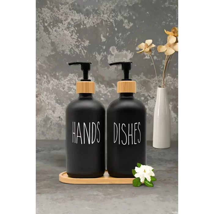 2 li Hands Dishes Siyah Beyaz Dekoratif Mutfak Banyo Sıvı Cam Sabunluk Seti 500ml Bambu Stantlı Set