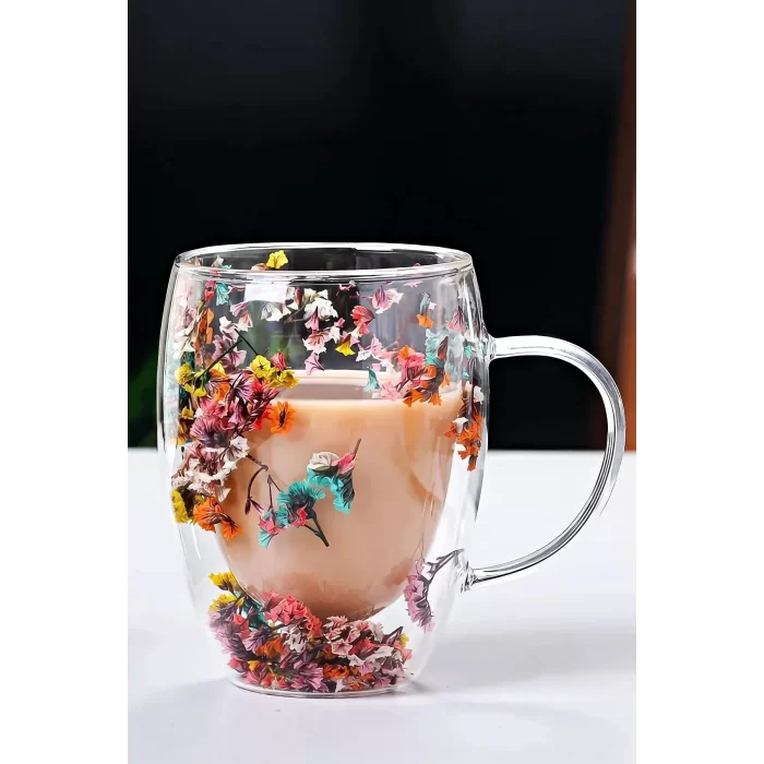 2li Isıya Dayanıklı Borosilikat Çift Çidarlı Flower Cup Çiçekli Bardak Kulplu Kahve Sunum Bardağı 350ml