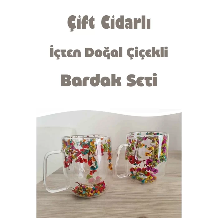 2li Isıya Dayanıklı Borosilikat Çift Çidarlı Flower Cup Çiçekli Bardak Kulplu Kahve Sunum Bardağı 350ml